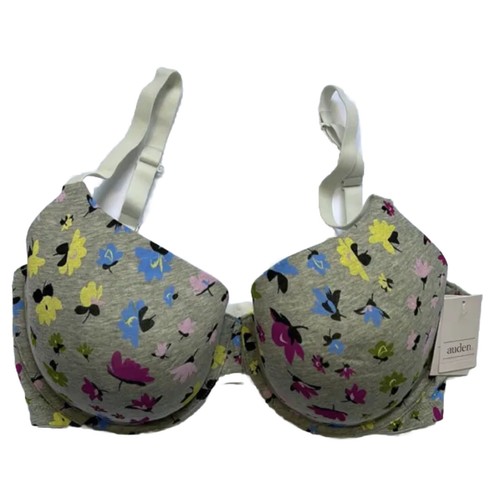 Auden Women's 32D Everyday T-shirt Bra Heather Gray Floral Cotton Lightly Lined