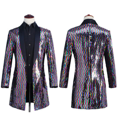 Veste Costume Homme Paillettes Multicolore - Blazer Long Scène Déguisement Neuf