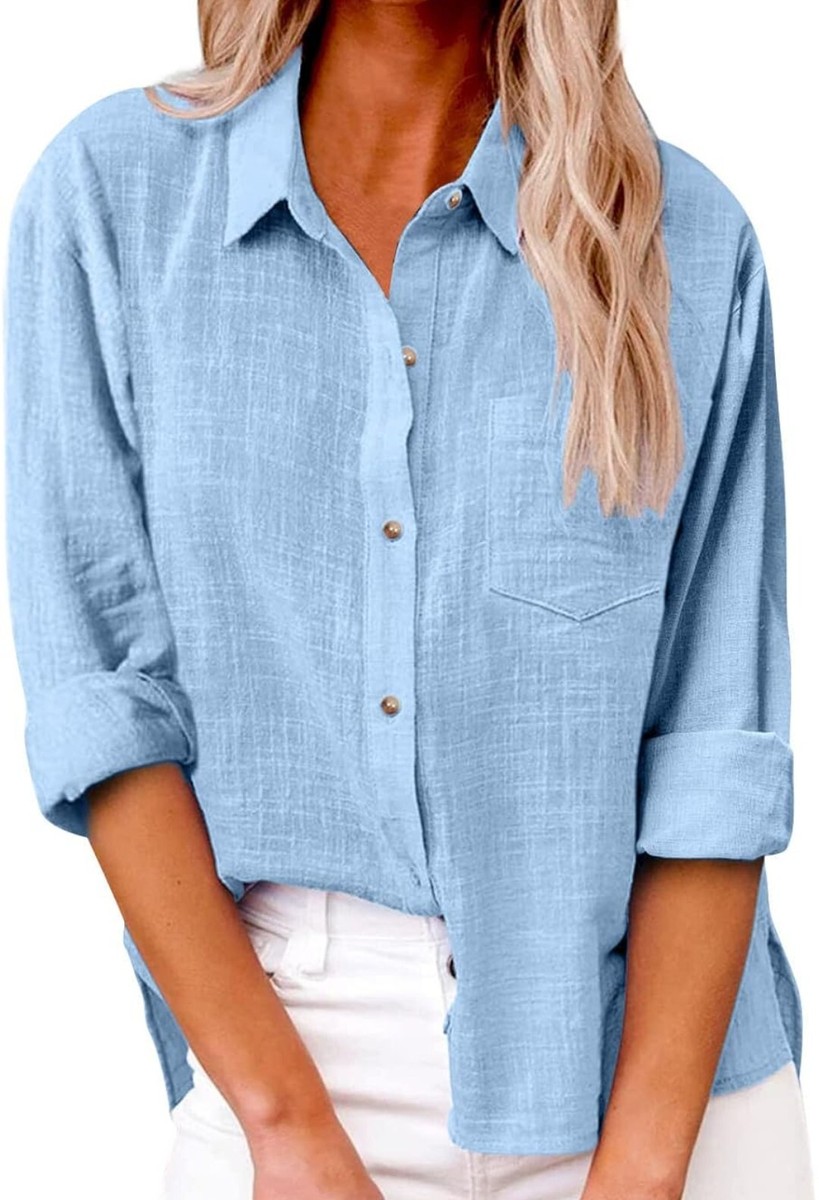 Womens Cotton Linen Button down Shirts Fall Casual Loose LIGHT BLUE 4XL