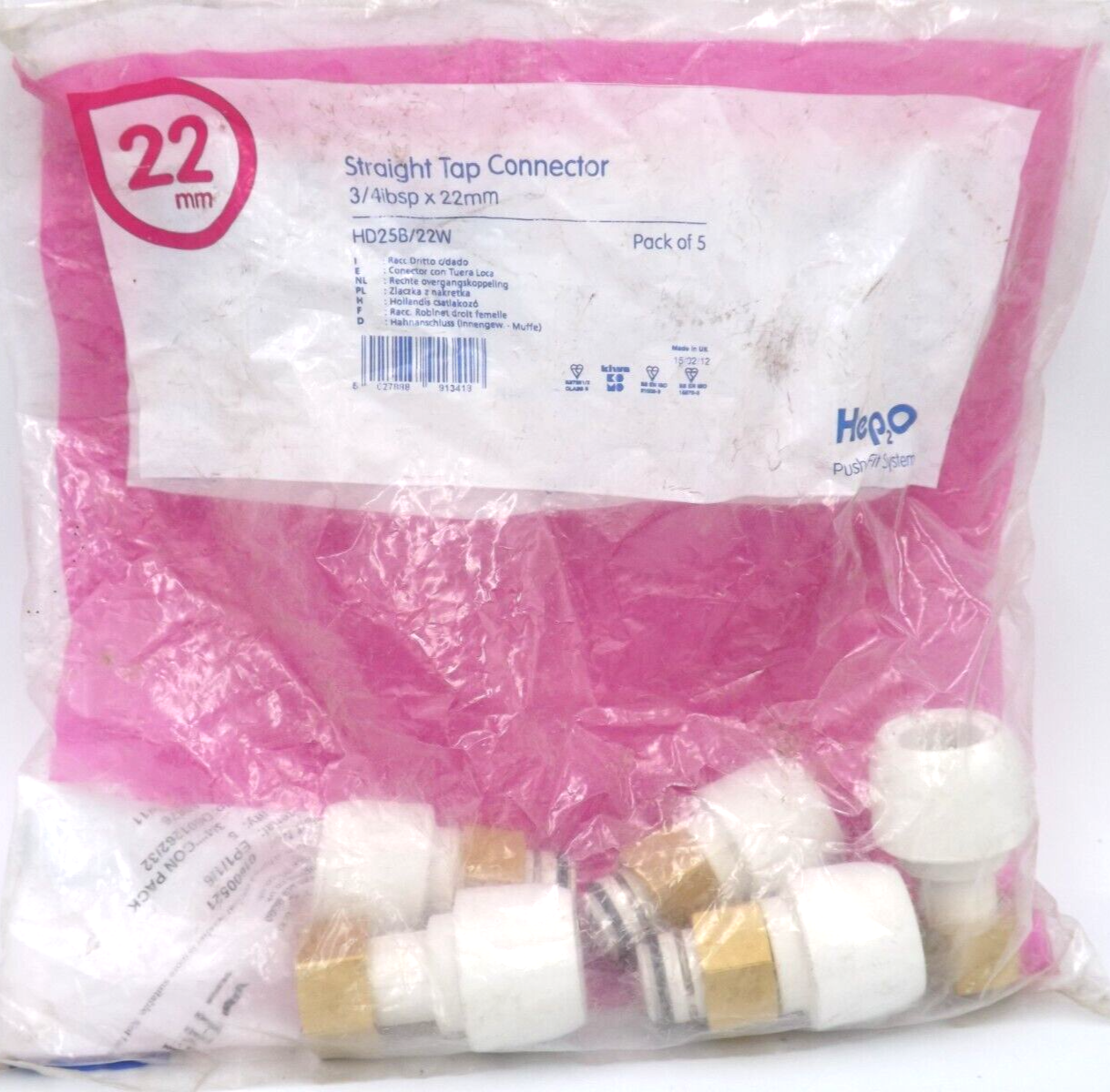 HEP2O 22mm Push-Fit Straight Tap Connector HD25B/22W (Pk of 5) - POST & VAT INC