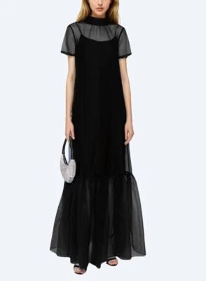 Damen Hoher Kragen Durchsichtig Organza Kleid Rückenausschnitt Funktional Hals - Bild 1 von 4
