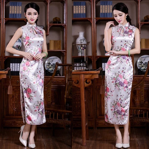 Chinese Sexy Women's Silk Satin Peacock Qipao Evening Dress Long Cheongsam S-2XL - Picture 17 of 27