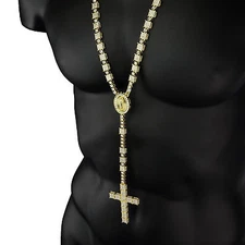 14k Gold Plated Cubic-Zirconia Rosary 3D Cube Cluster Guadalupe Necklace Cross