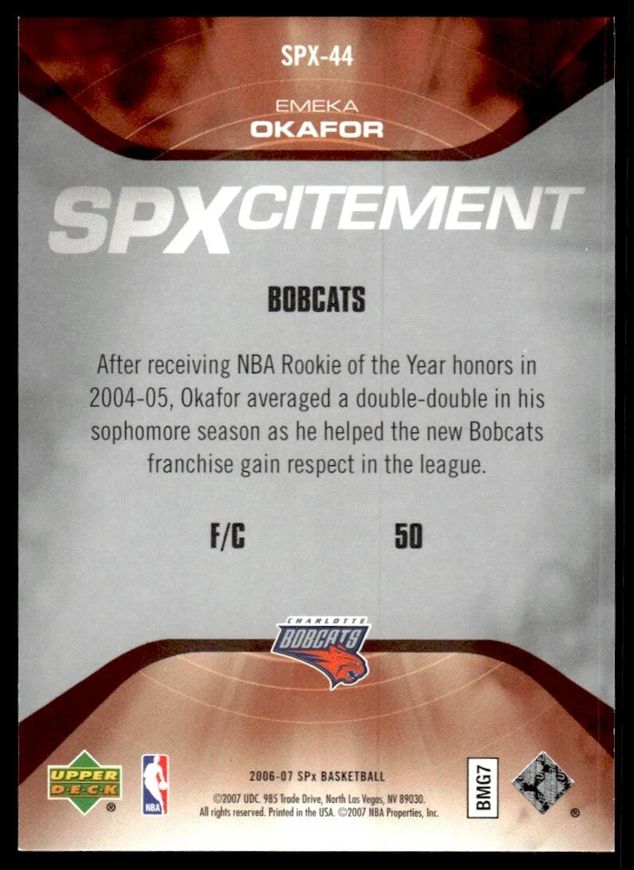 2006-07 SPx SPXcitement Emeka Okafor /2999 Charlotte Bobcats #SPX-44 - Image 2 of 2