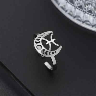Constellation Crescent Moon Rings Women Men Aries Leo Stainless Steel 12 Zodiac
