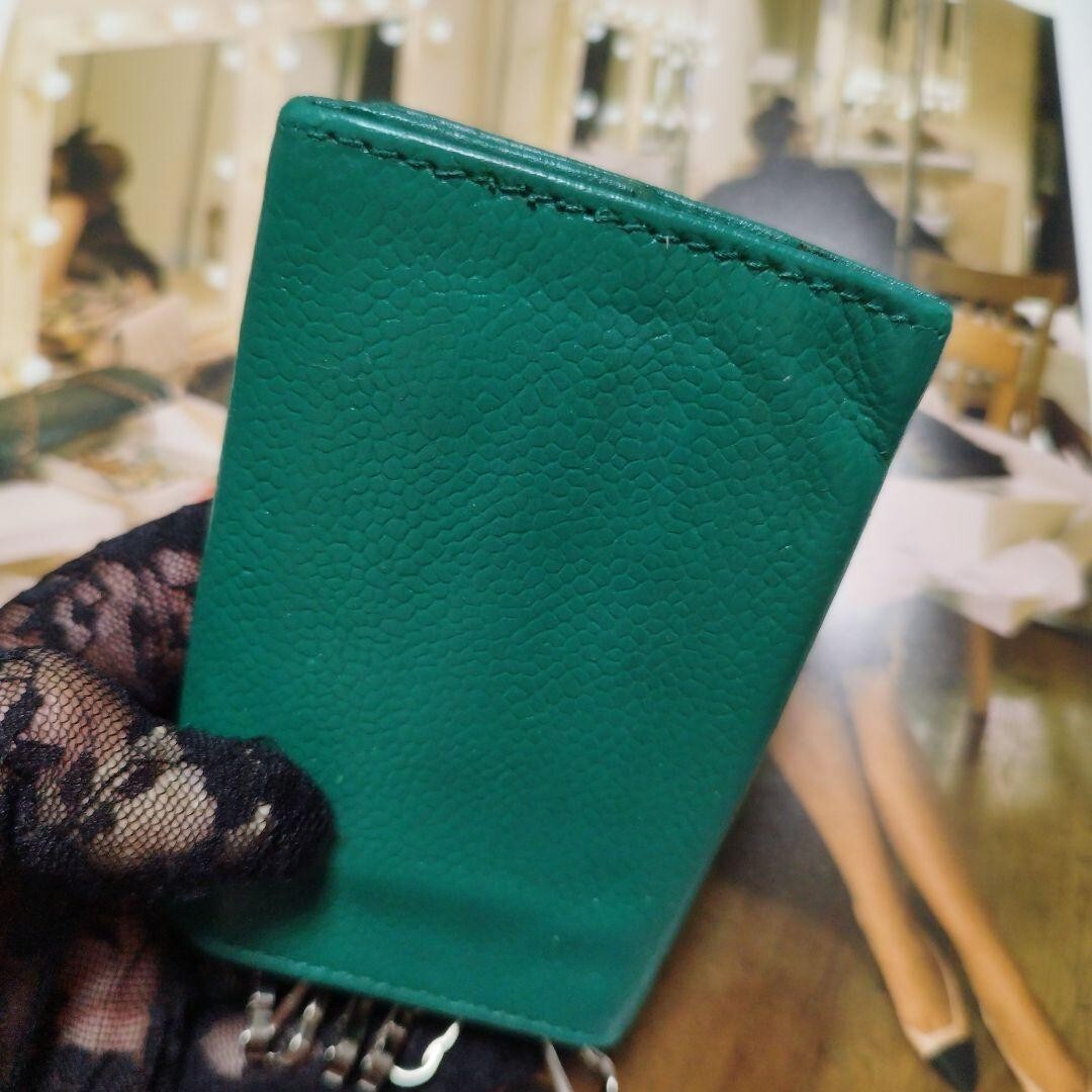 CHANEL Emerald Green Leather Key Case Coco Mark Women's Rare