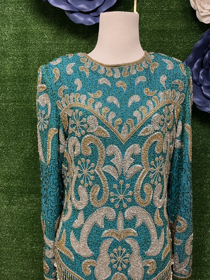 Желтовато-коричневый Chho зеленый серебро и золото бисером платье размер m - Изображение 2 из 4