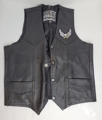 USA Biker Vest Black Leather Size 40, Button, Chain, Eagle Patche