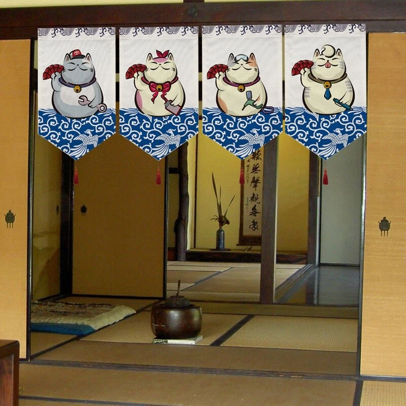 Cortina de puerta de lona estampada corta japonesa Noren Lucky Cats adorno de cocina Foto 4 de 4