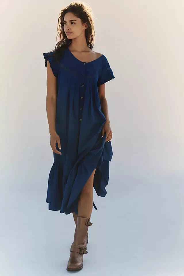 Vestido Free People Aster Midi Buttondown Encaje Volantes Azul Marino Plisado Manga Corta M Foto 4 de 4