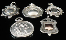 Assorted Sterling Silver Pocket Watch Fob Medals, Various Dates & Makers