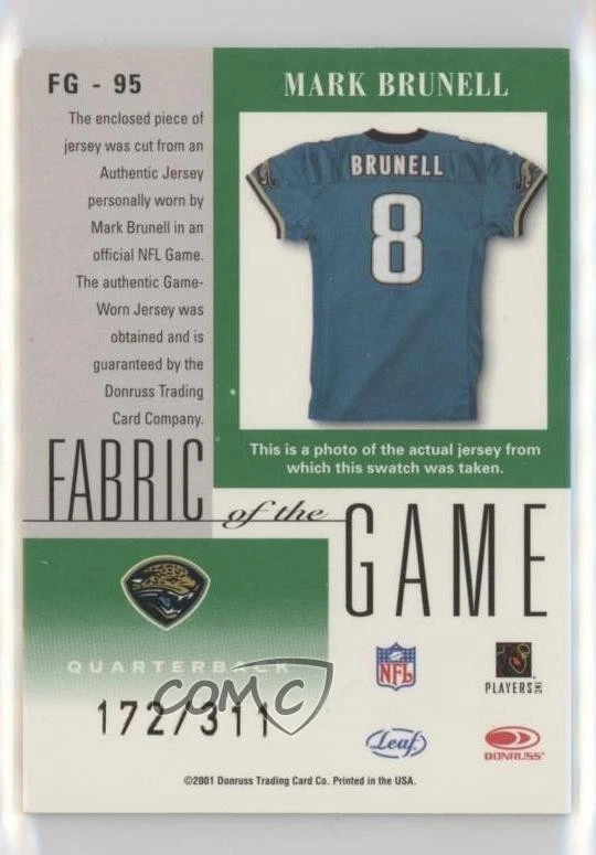 2001 Leaf Certified Materials Fabric of the Game Season /311 Mark Brunell #FG-95 - Image 2 of 2