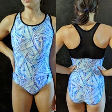 Plum Practicewear Gymnastics Leotard Racerback Mesh Blue Geometric Print Size AM
