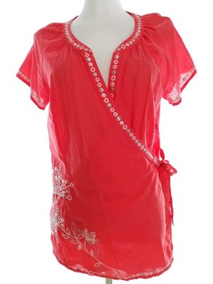 MONSOON Damen Wickelbluse Gr. 42 Orange Baumwolle 100% Kurzer Ärmel Streifen