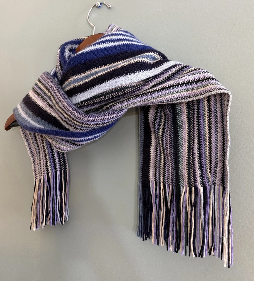 Missoni Made in Italy Blue & Purple Striped Knit Wool Blend Scarf with Fringe - Image 4 of 4