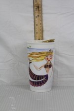 Starbucks 2015 Ceramic Tumbler With Lid Mermaid Siren Seahorse Gold Tone Lid EUC