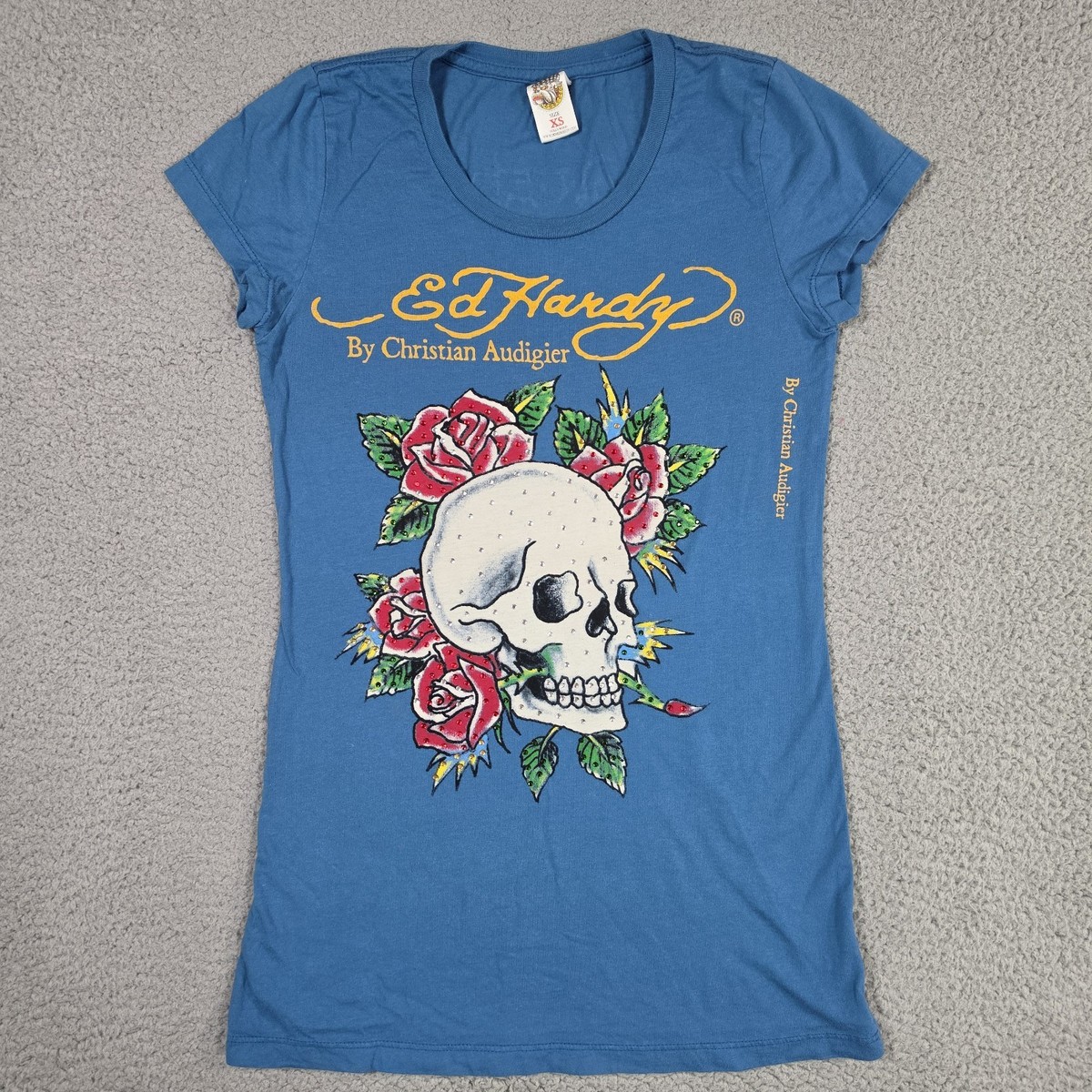 トップス y2k Ed Hardy skull rhinestone polo shirt Ed Hardy Y2K Brown Striped Love Kills Slowly Skull Rhinestone