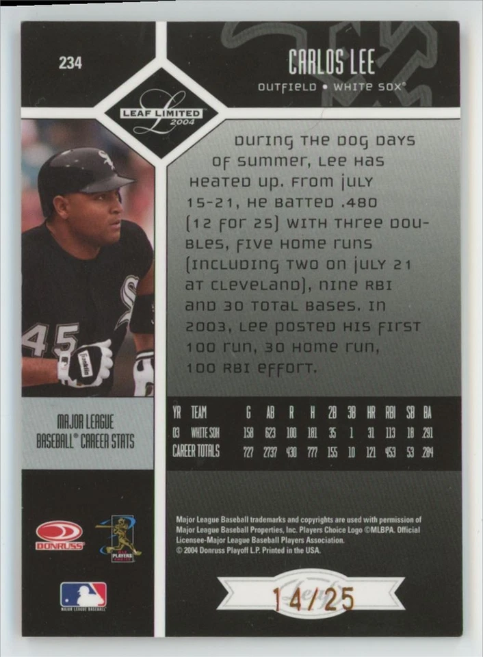 Carlos Lee 2004 Leaf Limited Moniker Bronze Auto /25 #234 Chicago White Sox - Image 2 of 2
