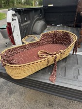 Portable Oval Moses Basket Beige Brown Wicker with Brown Floral Liner