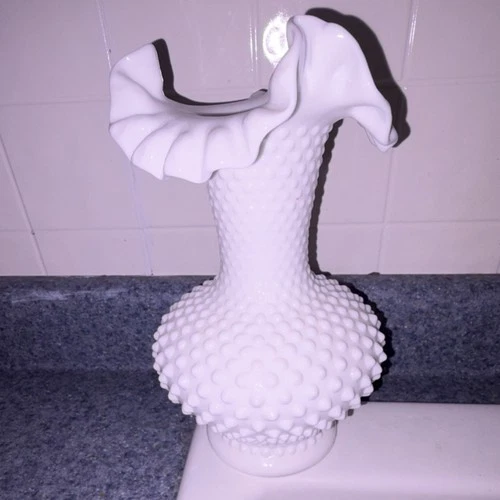 Fenton White Hobnail Milk Glass Vase with Ruffled Edge and Glossy Finish
