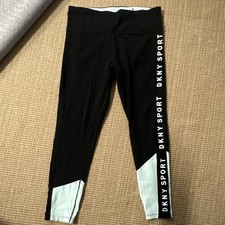 DKNY Sport Women's Ankle Leggings Black Light Blue L Jersey Stretch Activewear