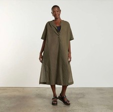 Women's Everlane The Caftan Dress Olive Green Textured Short Sleeve Midi Dress S