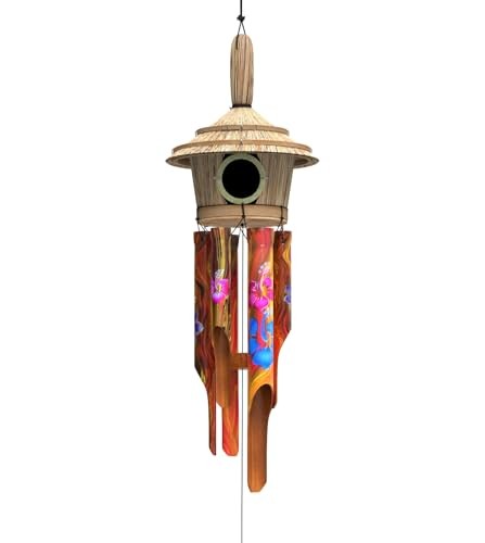 Bamboo Wind Chimes - Oustide Outdoor Wooden Windchimes with Birdhouse, Flory - Picture 2 of 7