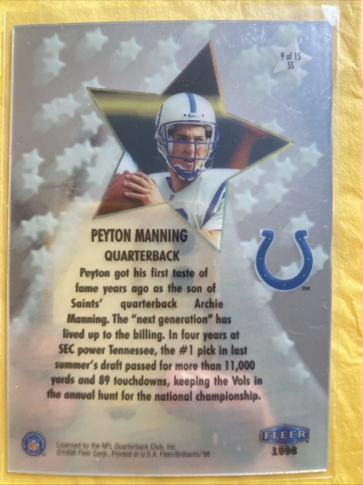 1998 Fleer Brilliants Peyton Manning RC SHINING STAR ON CARD AUTO 9 Of 15 - Image 3 of 3