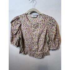 Other Stories Floral Print Puff Sleeve Button Front Crop Top Size 2