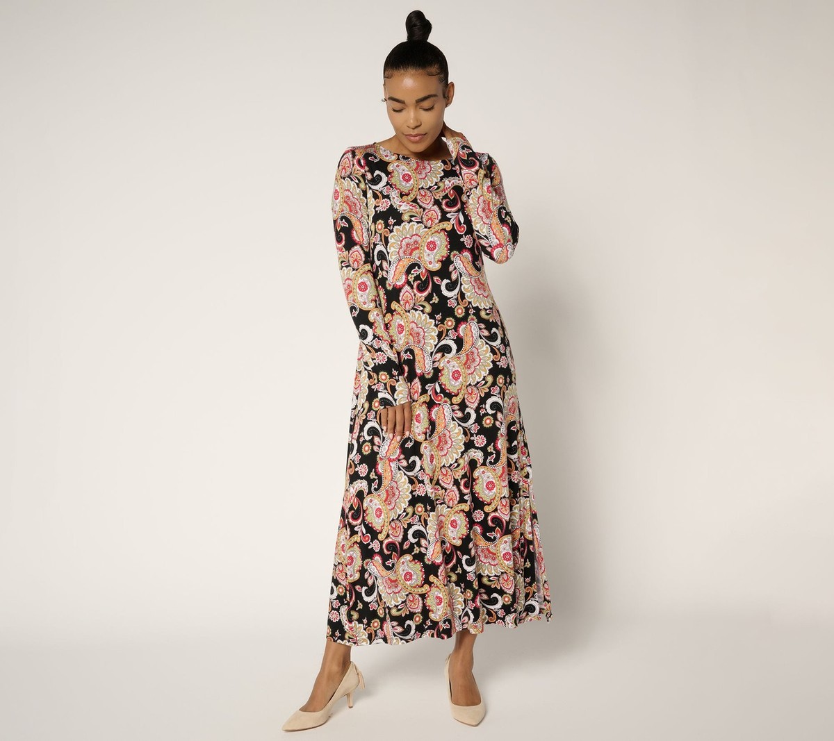 Belle by Kim Gravel Boho Petite Knit Paisley Chic Maxi Dress Black M New