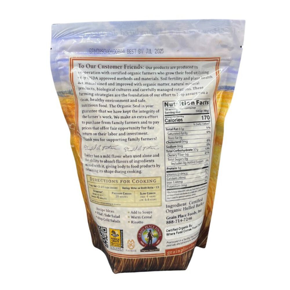 Organic Hulled Barley | Pack of 10 | 2 lb | Non-GMO | Grain Place Foods