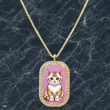 Colorful Cat Pendant Necklace Graphic Dazzling Gold Tone Keepsake Ornament