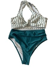 Cupshe Bikini Set Womens Size Small NWT Green White Striped Spaghetti Strap