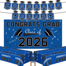 Graduation Decorations 2026 2027 - Blue Congrats Grad Banner Backdrop Tablecloth
