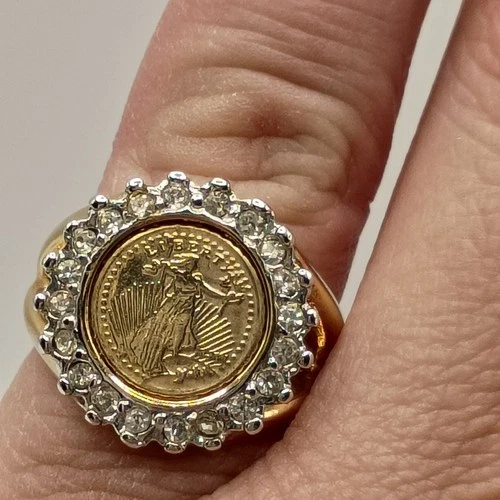 Vintage Lady Liberty Coin Statement Ring Rhinestone Halo Gold Tone Size 5