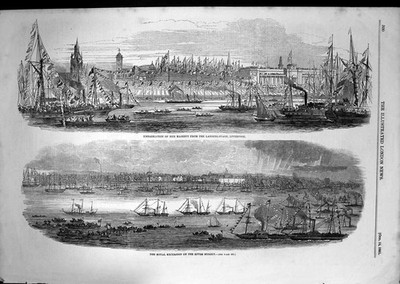 Original alter antiker Druck Royal Excursion River Mersey Schiffe Liverpool 1851