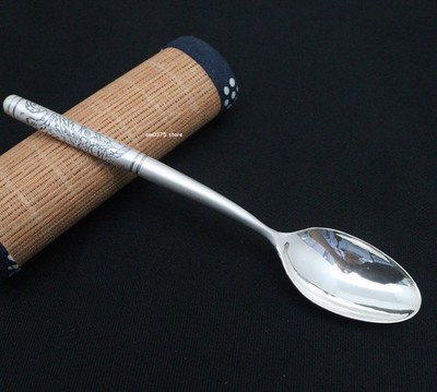 Pure 999 Fine Silver Spoon Healthy Dinnerware Round Handle Phoenix Soup Spoon