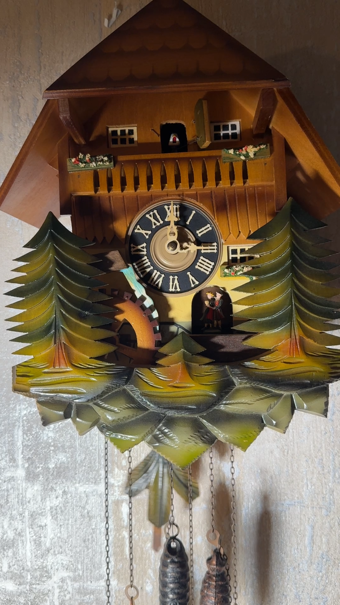 Vtg W Germany Black Forest Cuckoo Clock Chalet Water Wheel Moving