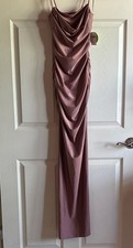 Windsor Mauve Satin Ruched Square Draped Neck Thin Straps Maxi Bodycon Dress XS