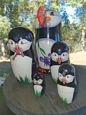 Golden Cockerel Penguin Nesting Dolls Set of 5 Russian Hand Painted Wood