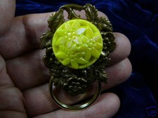 E562 Yellow Czech Eyeglass Brass pin pendant ID badge holder