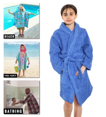 Kids Childrens 100% Cotton Bathrobe Terry Towelling Hooded Bath