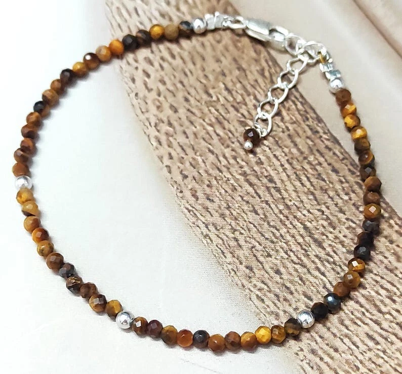 Tigerauge facettiert rund Edelstein Silber gefüllt Perlen handgefertigte Armb... - Bild 2 von 4
