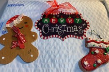 Christmas Tree Ornaments - Lot of 3 - Stocking Gingerbread Man  Sign