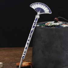 Chinese Blue And White Porcelain Painting Fan Hair Stick Women