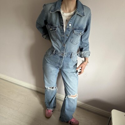 Zara Distressed Denim Boiler Suit Jumpsuit Size M New With