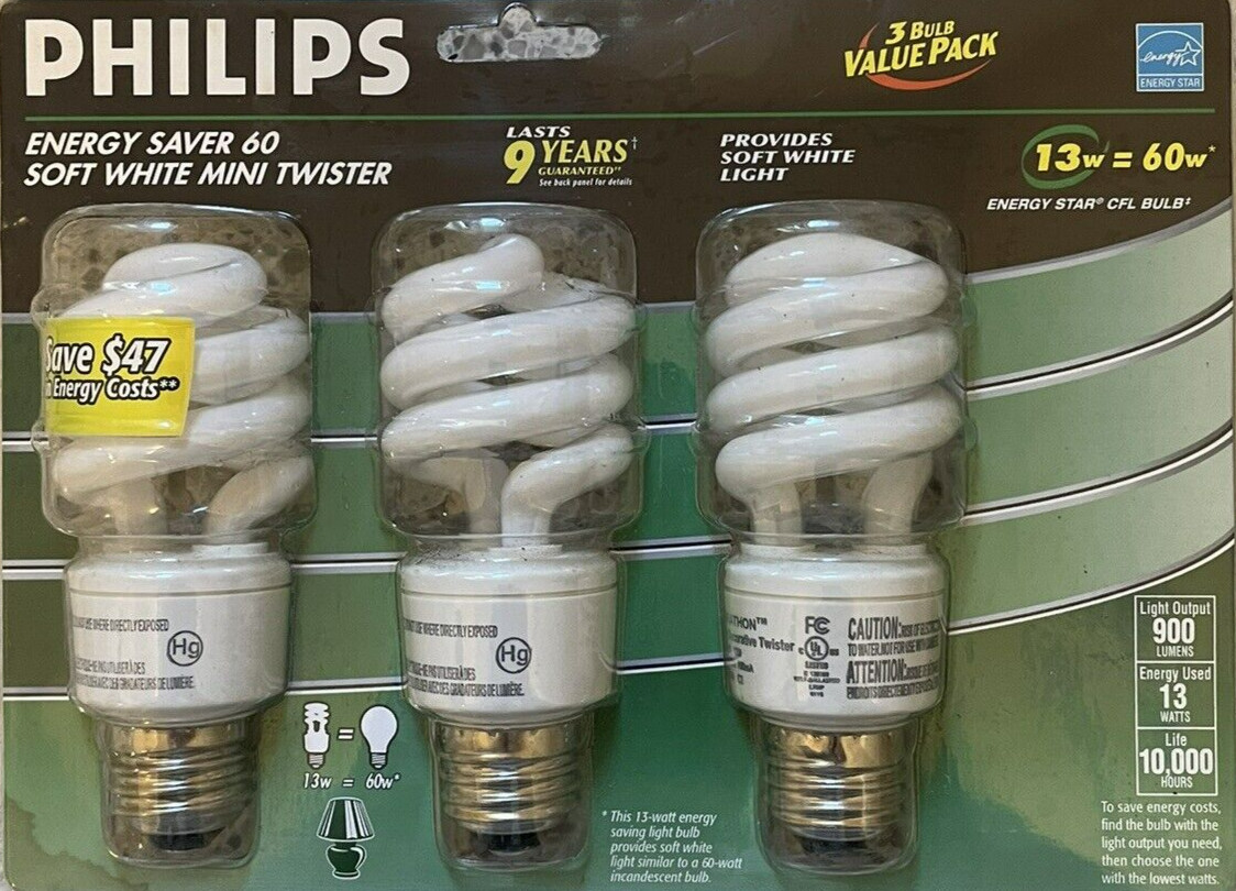 3 Philips Soft White 60-Watt Mini Twister CFLs NEW - Energy Efficient