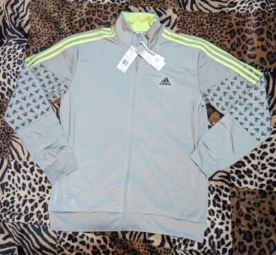 $55 ADIDAS TRACK Suit TOP Jacket Full Zip Gray Lime Green 3 STRIPE