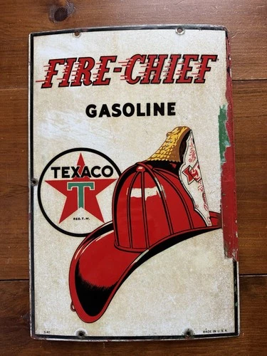 Vintage Original 1940 Texaco Fire-Chief Gasoline Porcelain Sign 12” X 18”  USA