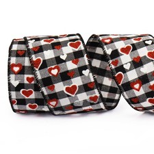 Valentines Glitter Heart Ribbon Black White Buffalo Plaid 2.48 Inch X 10 Yards